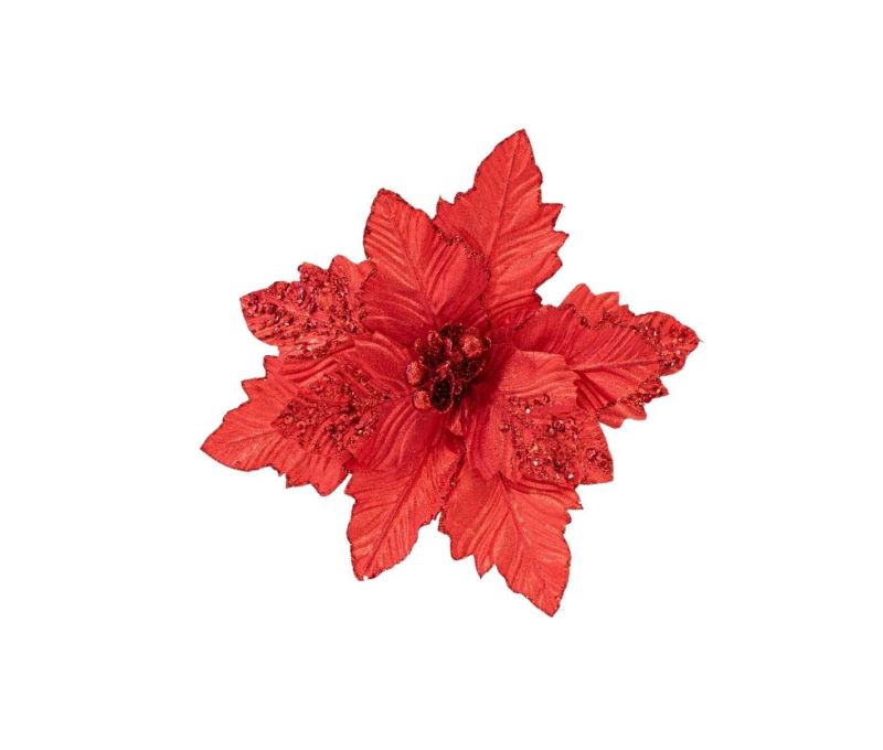Fleur de Noël poinsettia rouge velours dentelé paillettes rouges bicouche multicouches pistils rouges D30cm