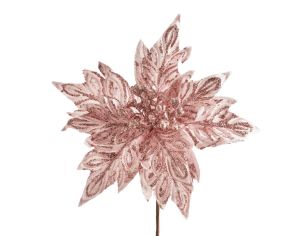 Tige fleur de Noël rose de 25 cm, ornée de paillettes, idéale pour une décoration festive et élégante.