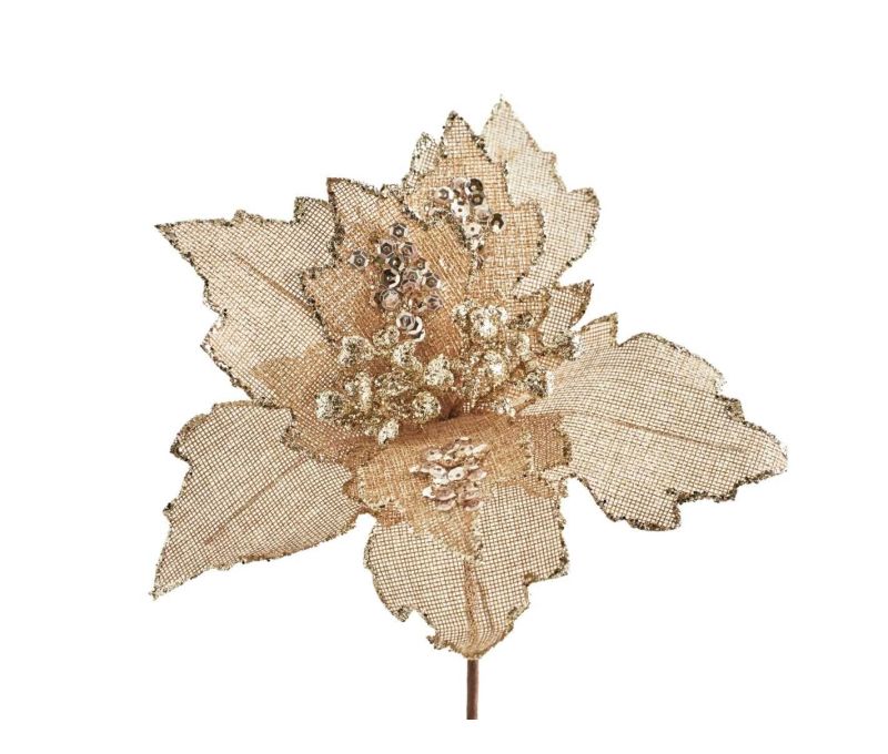 Fleur poinsettia artificielle toile jute champagne doré pétales dentelés sequins dorés pistils dorés tige marron H26cm