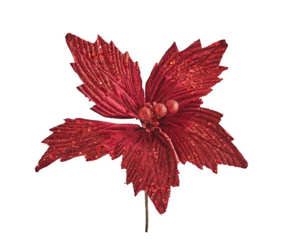 Fleur poinsettia artificielle velours bordeaux pétales dentelés nervurés paillettes bordeaux irisées 30cm
