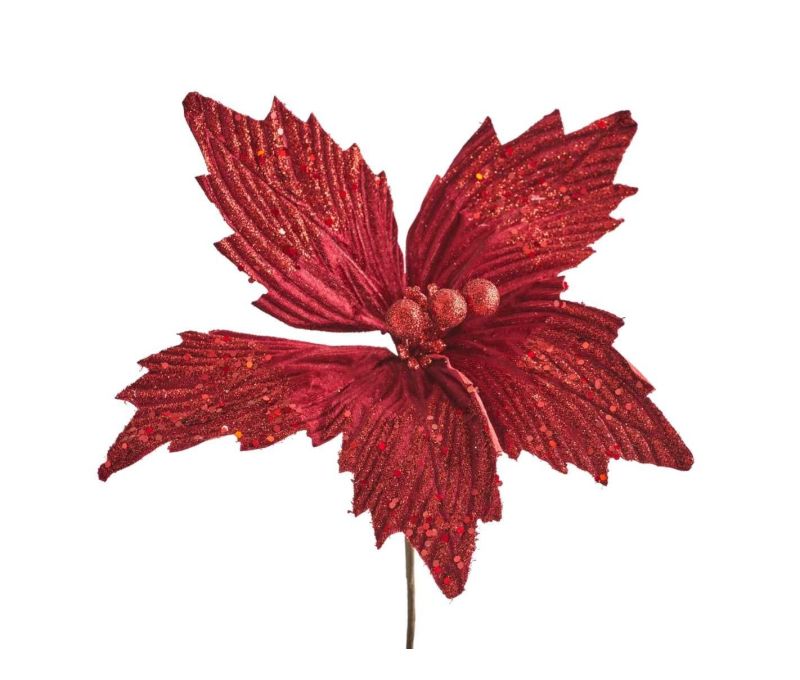 Tige fleur de Noël bordeaux 30 cm