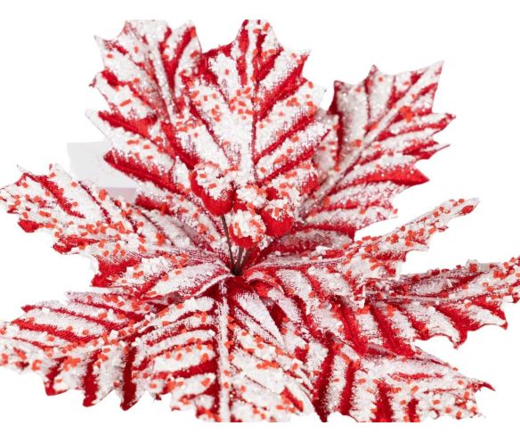 Grande fleur poinsettia artificielle velours bicolore rayures rouges blanches effet givré D27cm