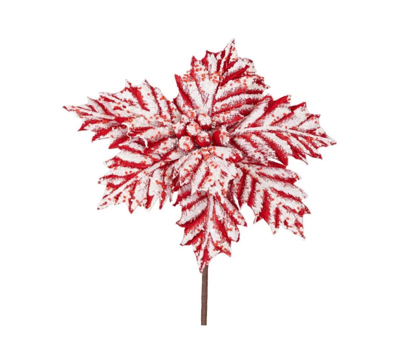 Grande fleur poinsettia artificielle velours bicolore rayures rouges blanches effet givré D27cm