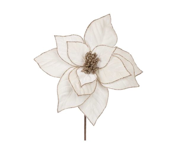 Fleur poinsettia artificielle ivoire bordures pailletées dorées pistil doré sur tige Ø30cm H45cm