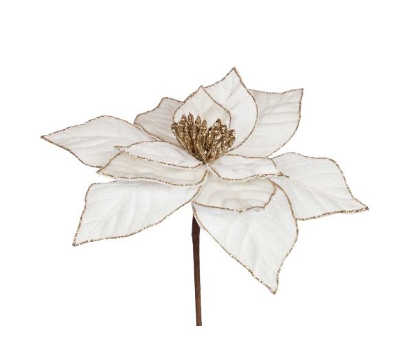 Fleur poinsettia artificielle ivoire bordures pailletées dorées pistil doré sur tige Ø30cm H45cm