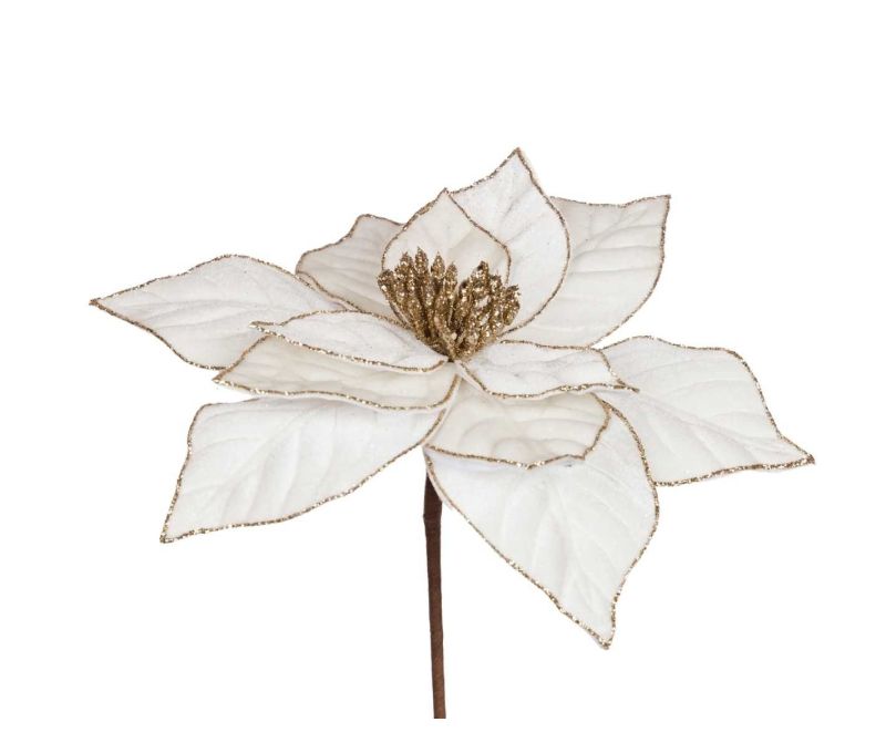 Fleur poinsettia artificielle ivoire bordures pailletées dorées pistil doré sur tige Ø30cm H45cm
