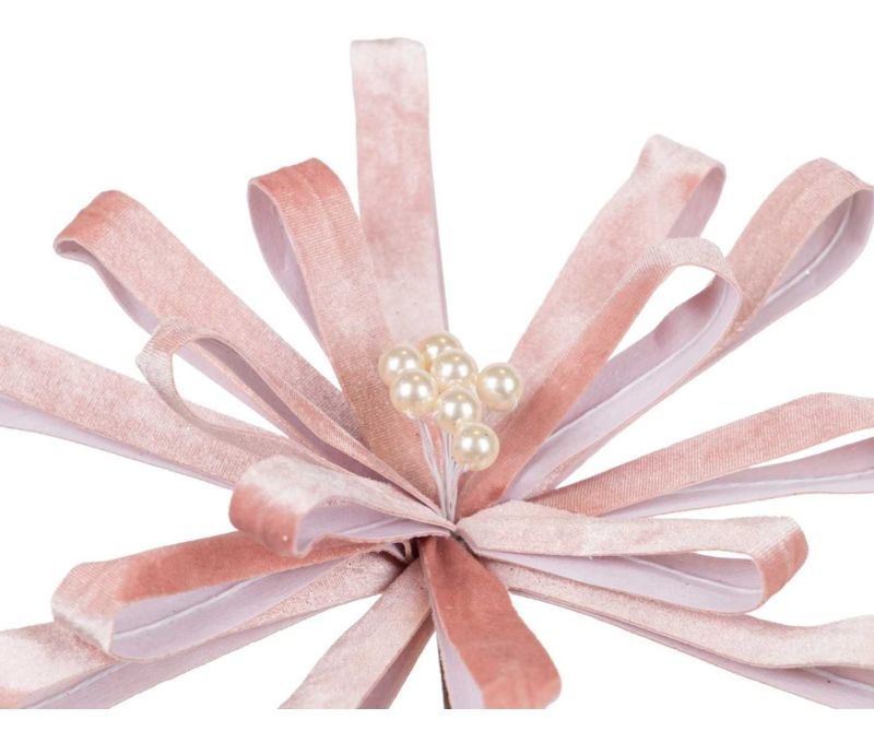Fleur bow rubans velours rose poudré centre perles nacrées sur tige Ø25cm H45cm