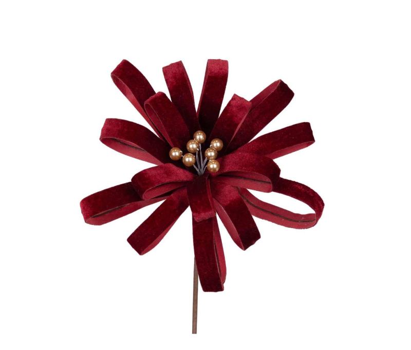 Fleur bow rubans velours bordeaux centre perles dorées sur tige Ø25cm H45cm