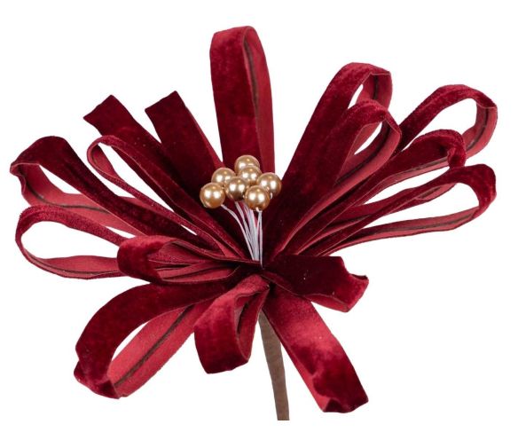 Fleur bow rubans velours bordeaux centre perles dorées sur tige Ø25cm H45cm