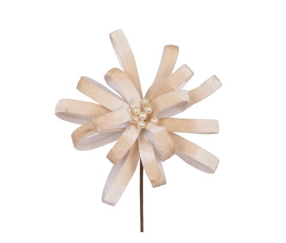 Fleur bow rubans velours crème beige centre perles nacrées sur tige Ø25cm H45cm
