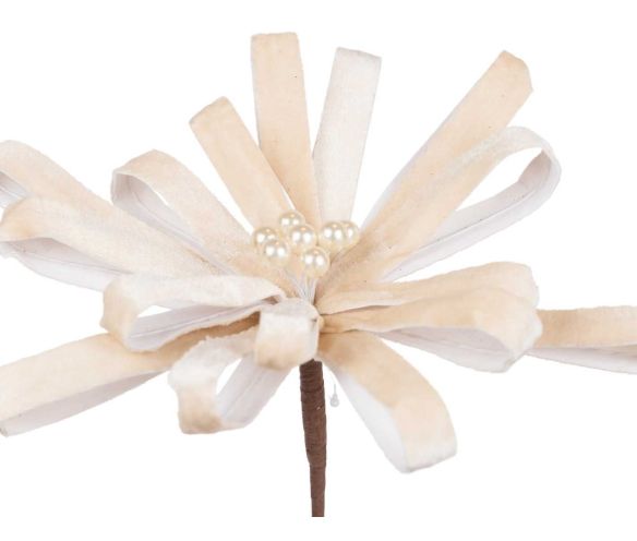 Fleur bow rubans velours crème beige centre perles nacrées sur tige Ø25cm H45cm