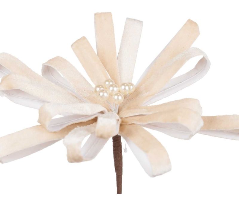 Fleur bow rubans velours crème beige centre perles nacrées sur tige Ø25cm H45cm