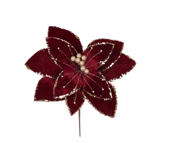 Fleur poinsettia artificielle velours bordeaux bordures sequins champagne pistil perles dorées sur tige Ø30cm H45cm