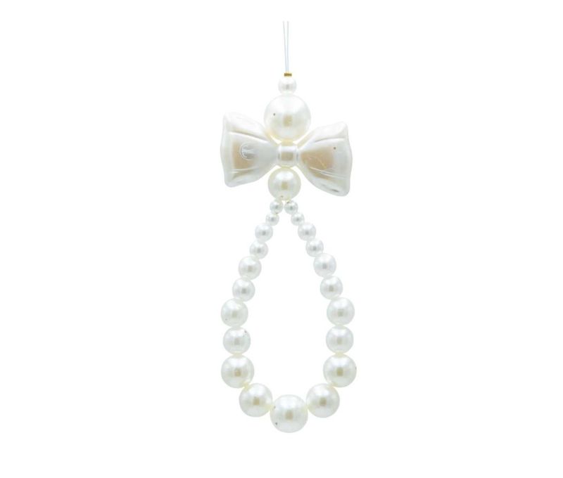 Suspension Noël boucle ovale perles nacrées blanches nœud nacré ruban blanc 5x14cm