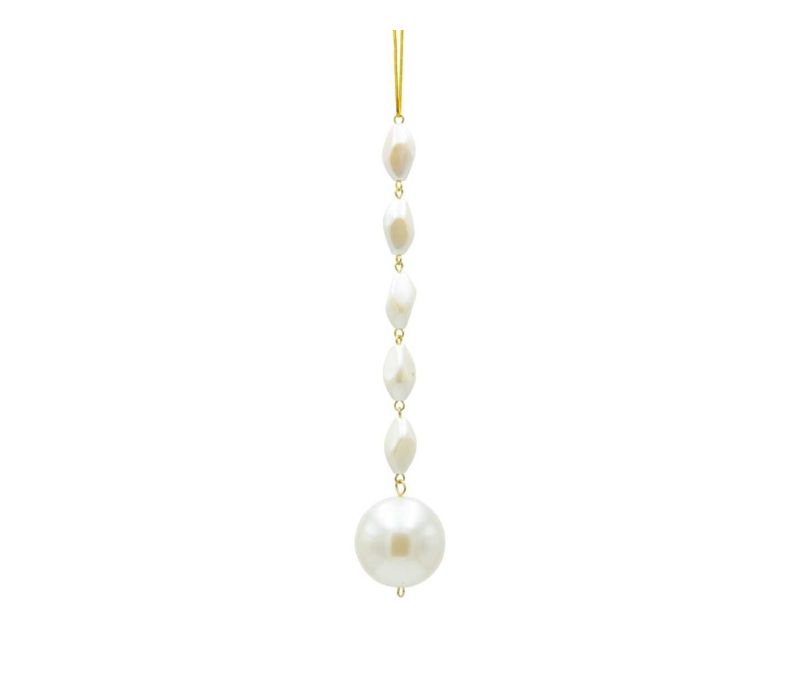 Suspension Noël stalactite verticale perles baroques nacrées blanches fil doré grande perle ronde blanche 3x15cm