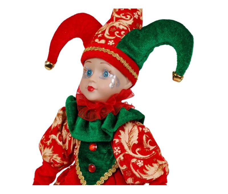 Figurine arlequin décoratif H53cm, vêtements rouges et verts avec détails dorés, décoration de Noël