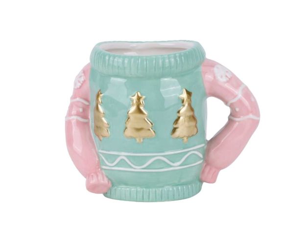 Mug céramique Noël forme pull vert rose sapins dorés motifs tricot 330ml