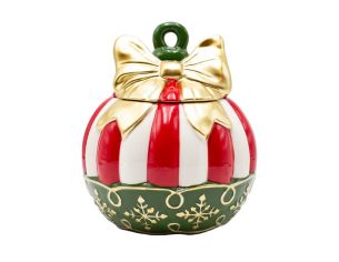 Pot à cookies décoratif en forme de boule de Noël rayée avec nœud doré, hauteur 21,5 cm.