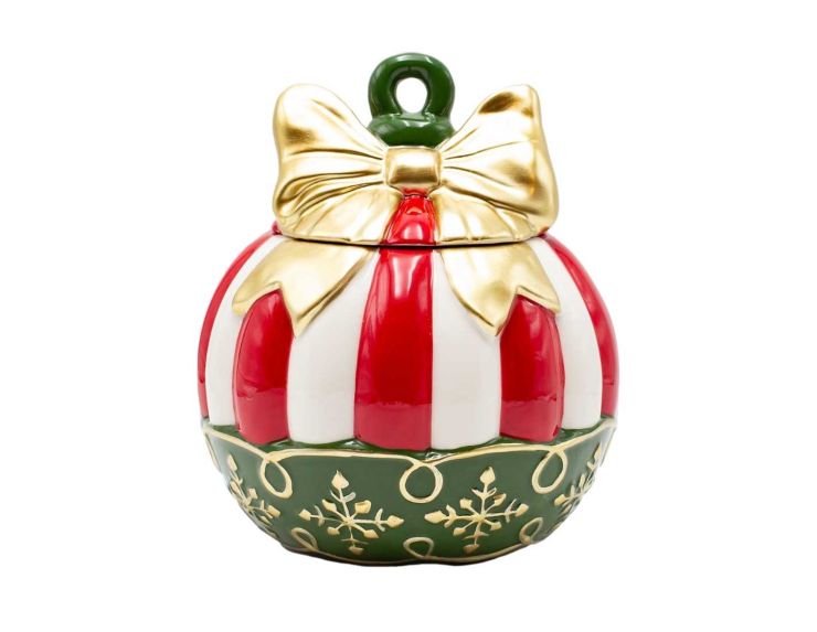 Pot à cookies décoratif en forme de boule de Noël rayée avec nœud doré, hauteur 21,5 cm.