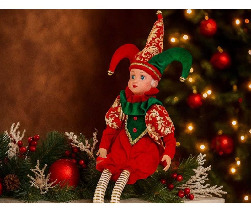 Figurine arlequin décoratif H53cm, vêtements rouges et verts avec détails dorés, décoration de Noël