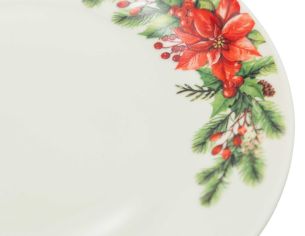 assiette dessert en porcelaine 20 cm, motif poinsettias et feuillage de Noël