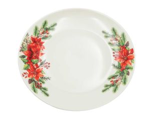 assiette dessert en porcelaine 20 cm, motif poinsettias et feuillage de Noël