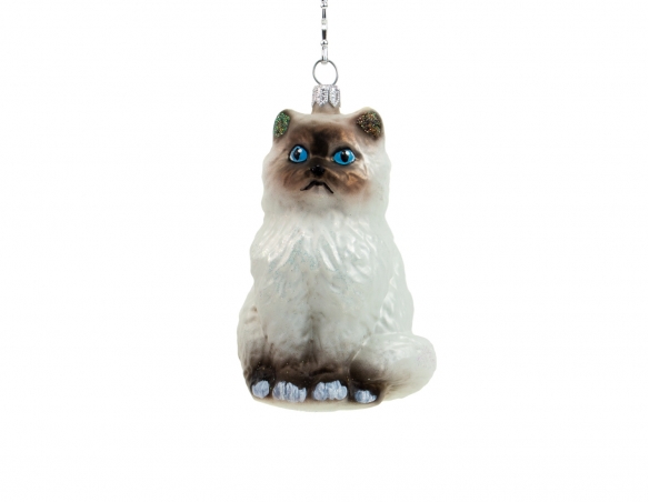 Suspension de noël en verre soufflé chat blanc sacré de Birmanie ou Ragdoll. Hauteur 12cm