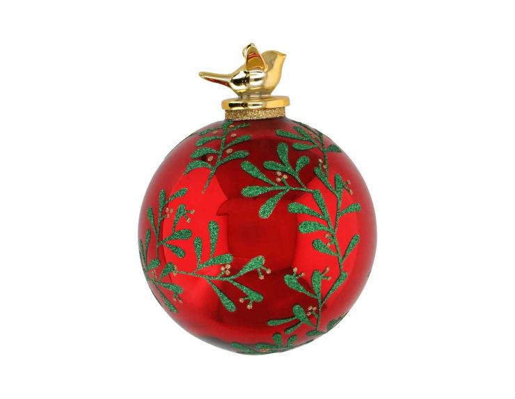 Boule de Noël rouge gui vert 10 cm