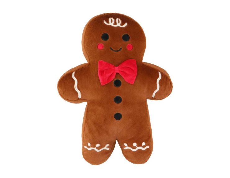 Coussin décoratif en forme de bonhomme pain d’épices avec nœud papillon rouge. Hauteur : 47 cm