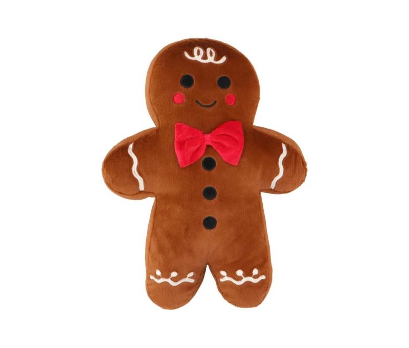 Coussin décoratif en forme de bonhomme pain d’épices avec nœud papillon rouge. Hauteur : 47 cm