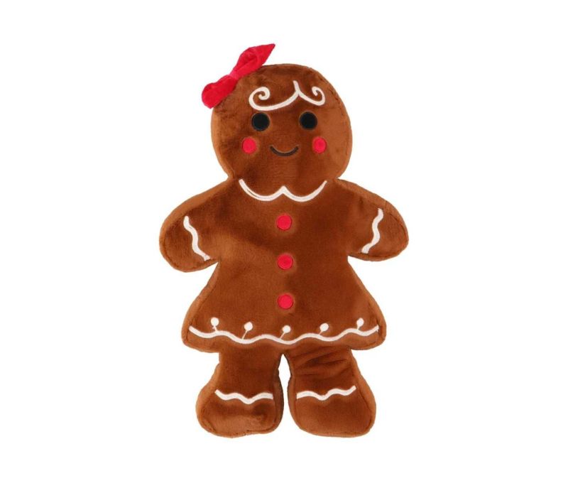 Coussin Noël velours brun forme bonhomme pain d'épices fille nœud rouge yeux noirs joues rouges broderies blanches H47cm