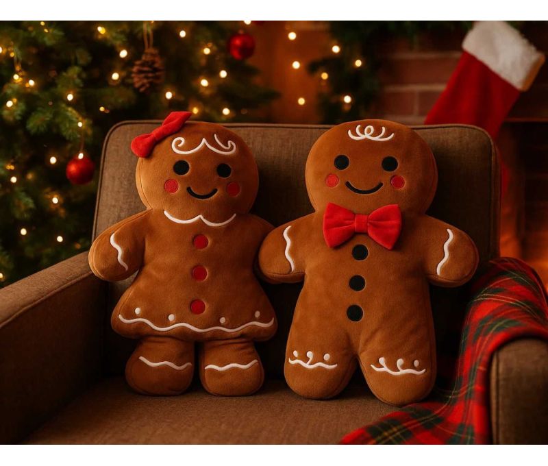 Coussin Noël velours brun forme bonhomme pain d'épices fille nœud rouge yeux noirs joues rouges broderies blanches H47cm