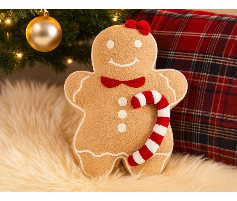 Coussin Noël forme bonhomme pain d'épices fille beige nœud rouge col rouge sucre d'orge rayé rouge blanc H53cm - Lilosquare