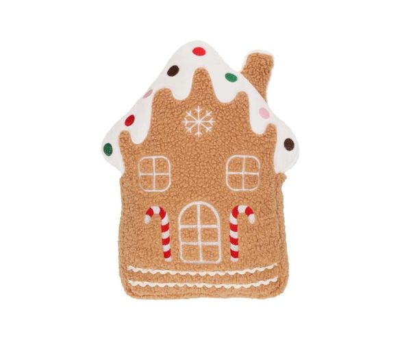 Coussin Noël forme maison pain d'épices bouclette beige toit blanc givré bonbons colorés cannes sucre brodées H35cm - Lilosquare