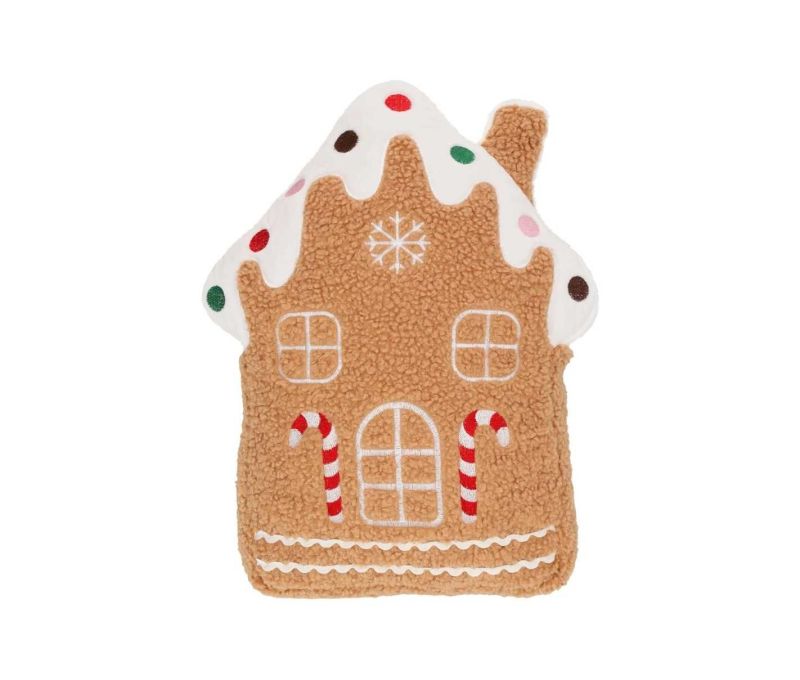 Coussin Noël forme maison pain d'épices bouclette beige toit blanc givré bonbons colorés cannes sucre brodées H35cm - Lilosquare