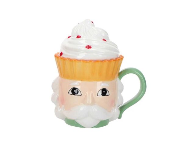 Mug céramique Noël jaune forme casse-noisette couvercle cupcake chantilly 400ml