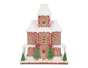 Grande maison pain d’épices en résine, détails gourmands : sucre d’orge, glaçage blanc, arbres verts