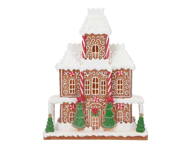 Grande maison pain d’épices en résine, détails gourmands : sucre d’orge, glaçage blanc, arbres verts