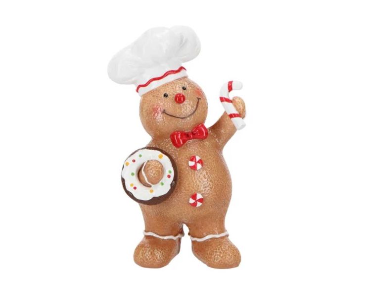 Figurine en résine H18cm. Pain d’épices avec toque de chef, donut décoré et sucre d’orge rouge et blanc.