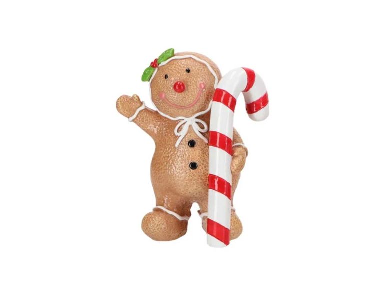 Figurine en résine H14cm. Pain d’épices avec canne en sucre d’orge rouge et blanche, détails festifs.