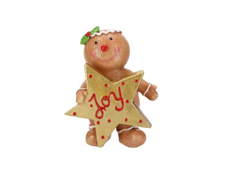 Figurine pain d’épices souriant tenant une étoile dorée avec l’inscription “Joy”, en résine H14cm.