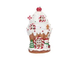 Maison décorative H20cm en résine, en forme de cupcake avec cerise, LED intégrée et détails enneigés rouge et blanc.