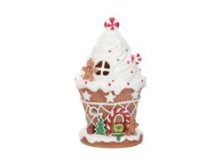 Maison en résine H20cm, effet cupcake, toit blanc avec LED, décor pain d’épices, étoiles et sucres d’orge.