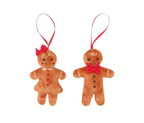 Lot 2 suspensions Noël pain d'épices tissu brun garçon nœud papillon rouge fille nœud rouge broderies blanches rouge H11cm