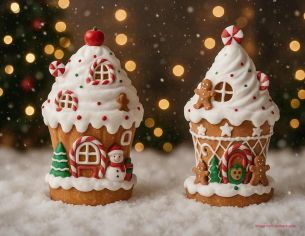 Maison en résine H21cm, effet cupcake, toit blanc avec LED, décor pain d’épices, étoiles et sucres d’orge.