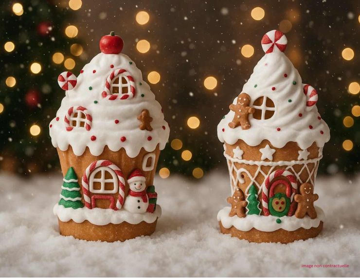 Maison en résine H21cm, effet cupcake, toit blanc avec LED, décor pain d’épices, étoiles et sucres d’orge.