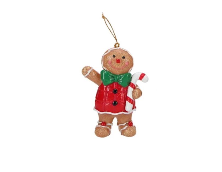 Suspension de Noël pain d’épices en tenue rouge, tenant une canne en sucre d’orge. Ruban doré pour accrocher. H 9cm.
