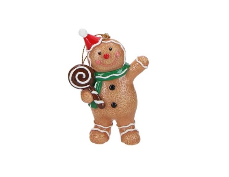 Suspension de Noël en résine représentant un bonhomme pain d’épices avec une sucette chocolatée