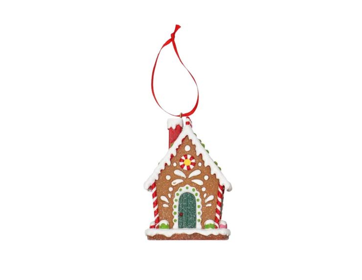 Suspension de Noël en forme de maison en pain d’épices décorée de glaçage blanc,