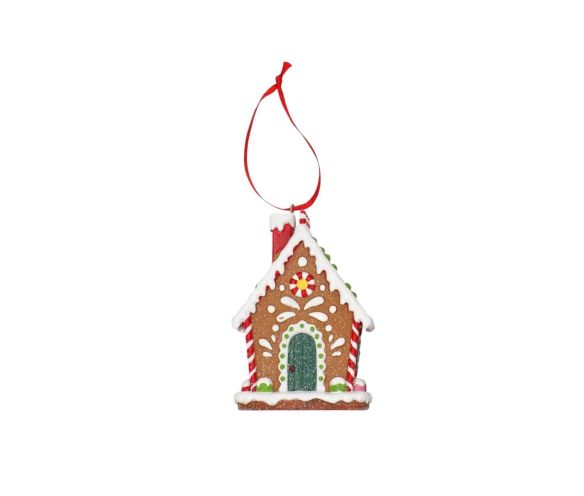 Suspension de Noël en forme de maison en pain d’épices décorée de glaçage blanc,